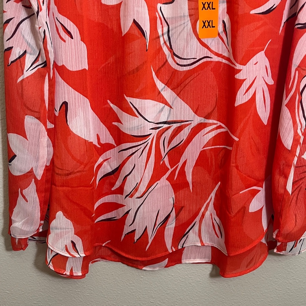 NWT Cristina B Cherry Tomato Red White Floral Sleeveless Semi-Sheer Blouse - Picture 4 of 11